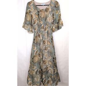 Vintage Le Regazze silk floral bird print bell sleeve tiered dress Sz Med Fairy